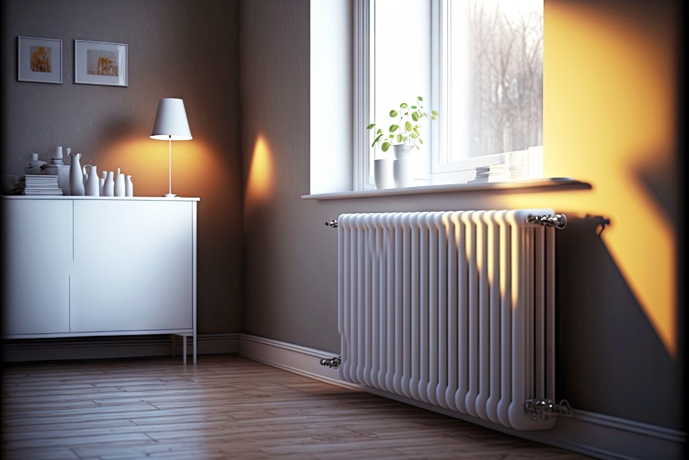 Image of white traditional radiator under a living room window