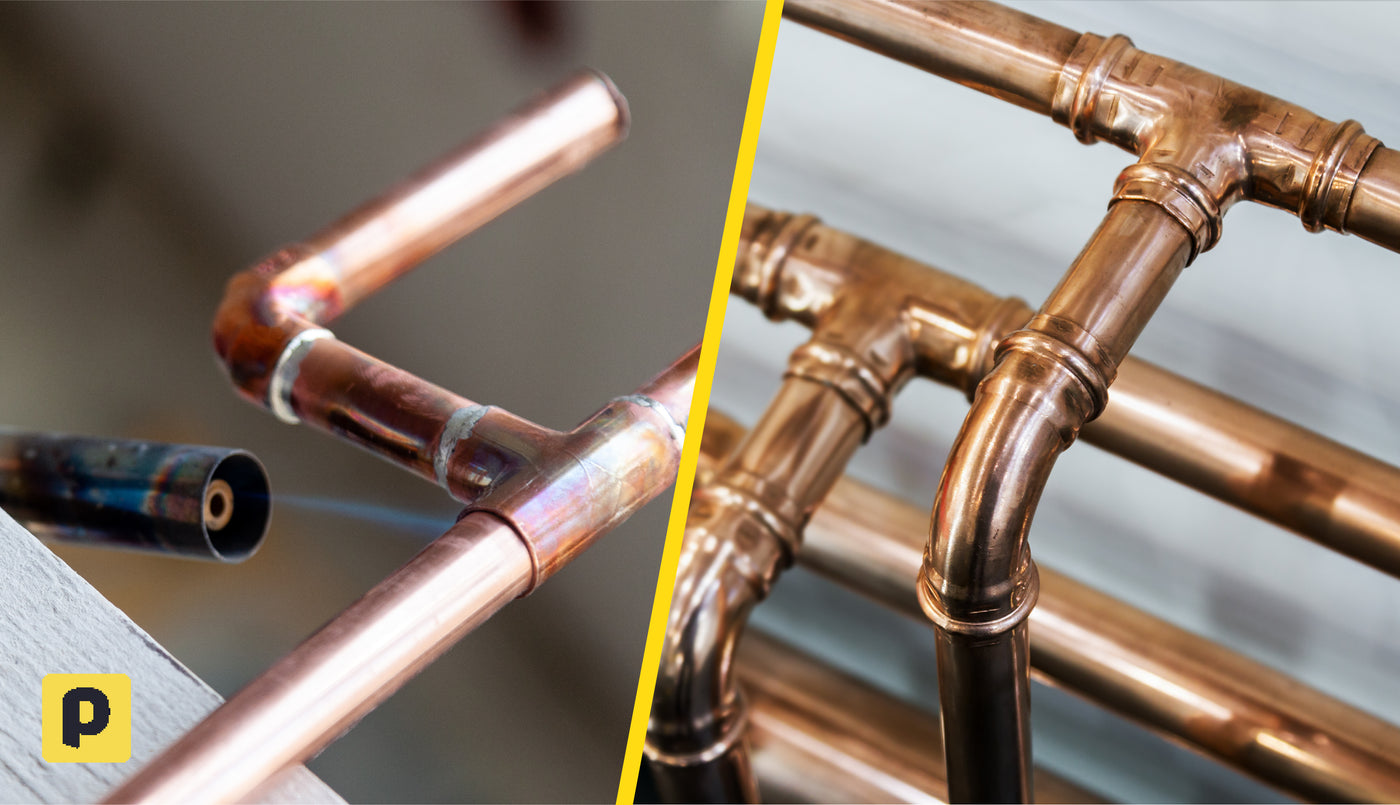 Split image comparing soldered copper pipework on the left with press-fit copper pipe fittings on the right.