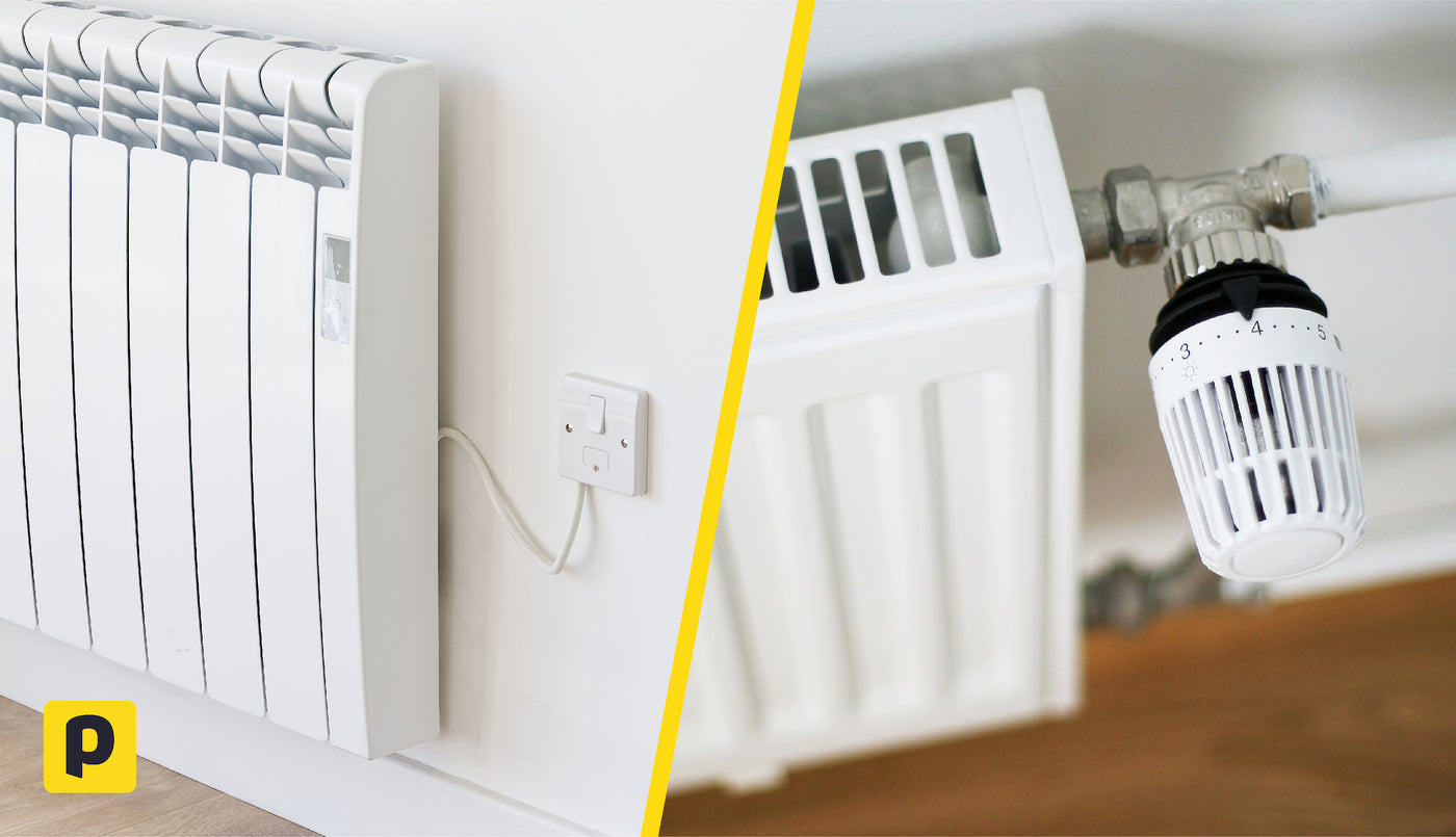 Split image comparing an electric radiator plugged into a wall socket with a central-heating radiator and thermostatic valve.