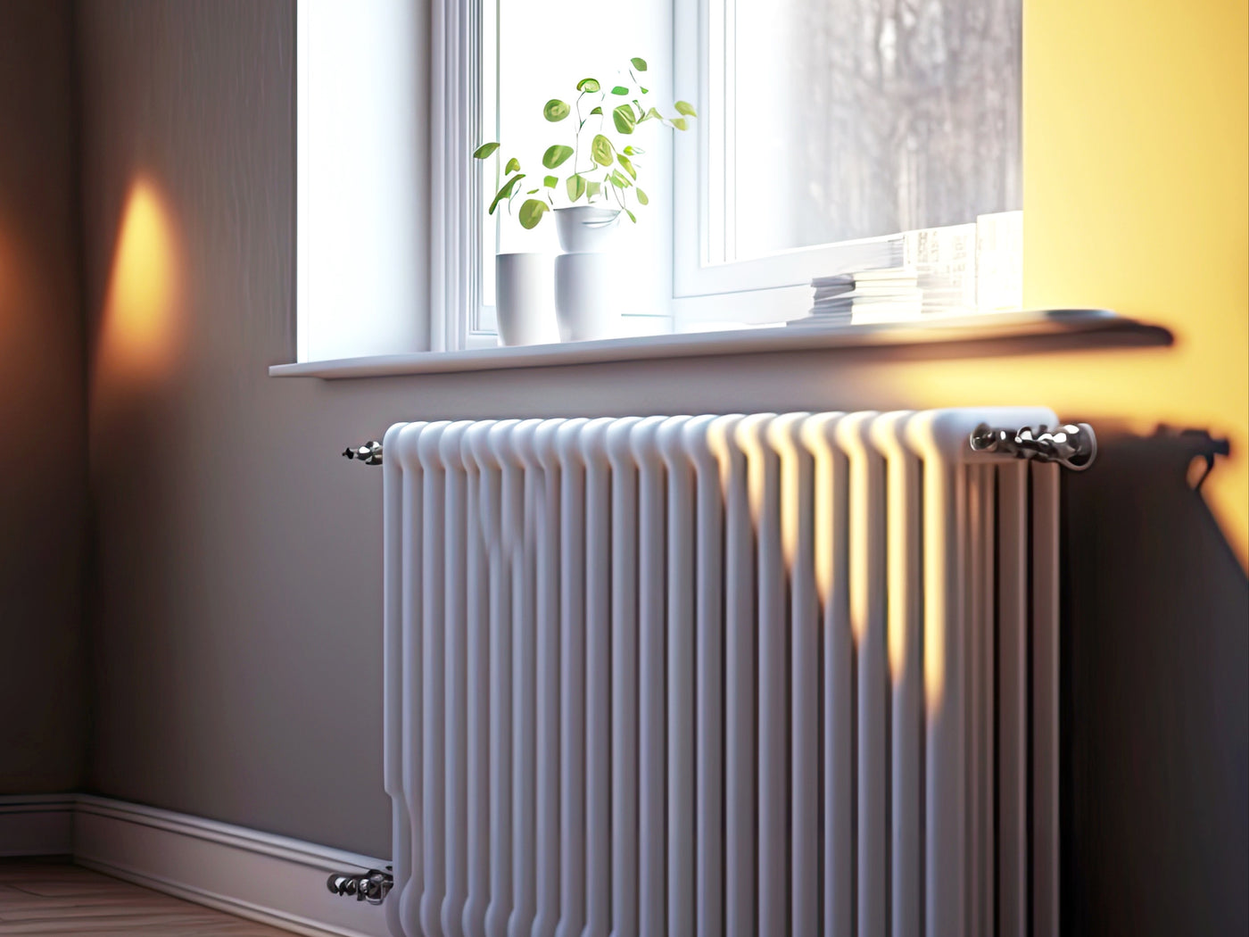 White column radiator beneath a bright window, with potted plants on the windowsill and sunlight warming the room.
