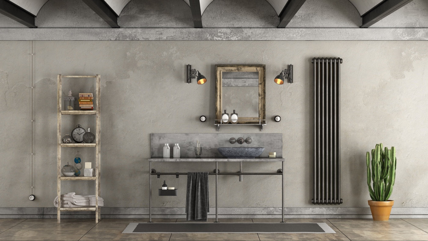 Industrial-style bathroom with a tall black vertical radiator beside a sink, mirror, shelving and potted cactus.