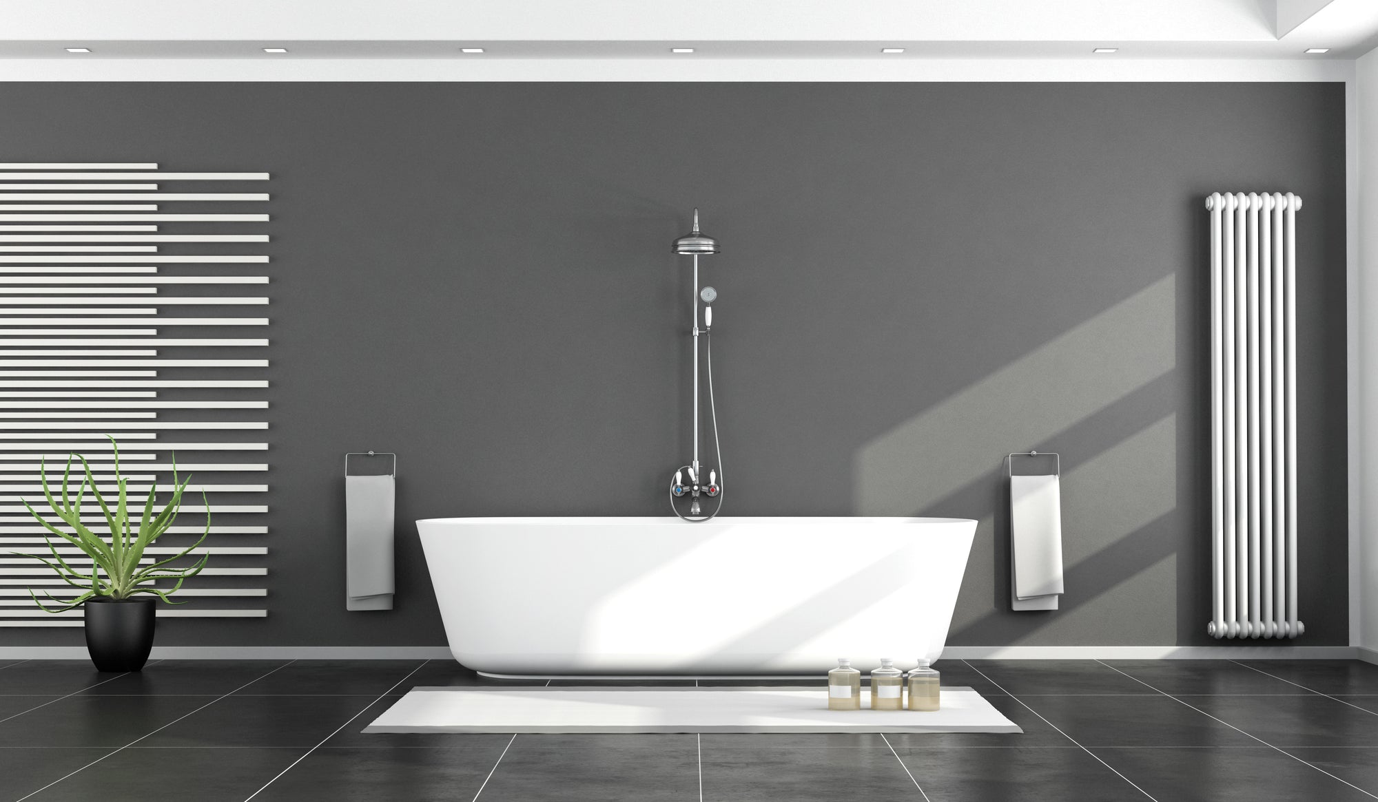 Luxury spacious bathroom with chrome shower kit, white freestanding bath, black tiled floor, white vertical radiator and dark painted wall.