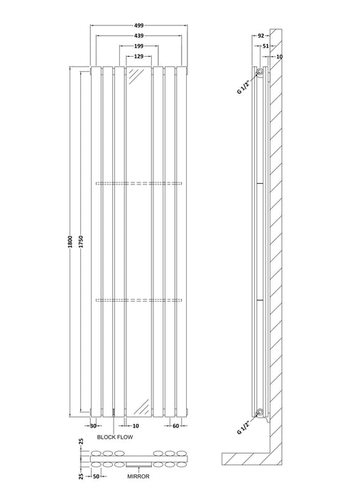 White Oval Style Double Panel Vertical Radiator With Mirror H1800 W499