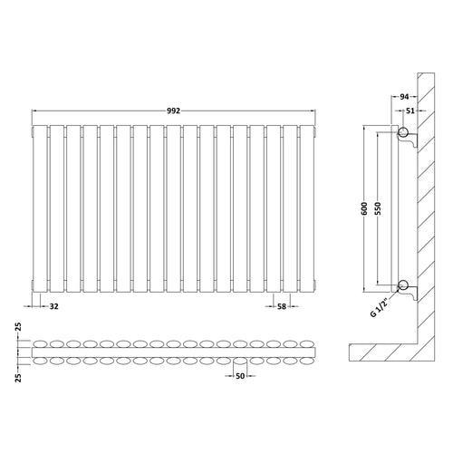 Anthracite Oval Style Double Panel Horizontal Radiator H600 W992