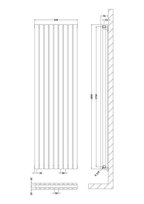 Satin White Square Edged Double Panel Vertical Radiator H1800 W528