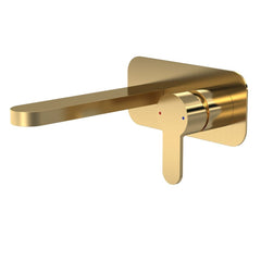 Brushed Brass Rounded Wall Mounted 2 Tap Hole Basin Mixer With Plate