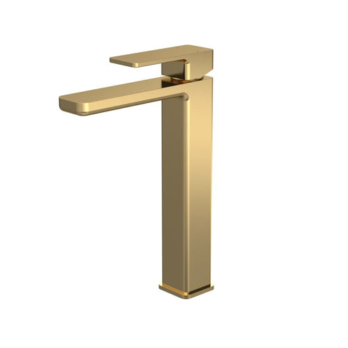 Brushed Brass Rounded Square High-Rise Mono Basin Mixer (No Waste)