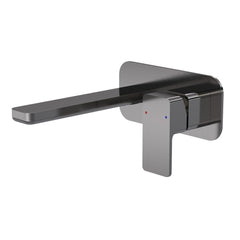Brushed Gun Metal Rounded Square Wall Mounted 2 Tap Hole Basin Mixer With Plate